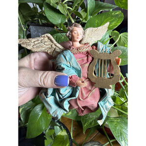 Vintage Paper Mache Angel Figure Fabric Robe Gold Wings Christmas Decor Taiwan
